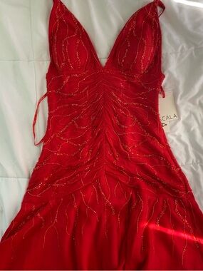 Scala Red V-Neck Midi Dress with Gold Bead Accents